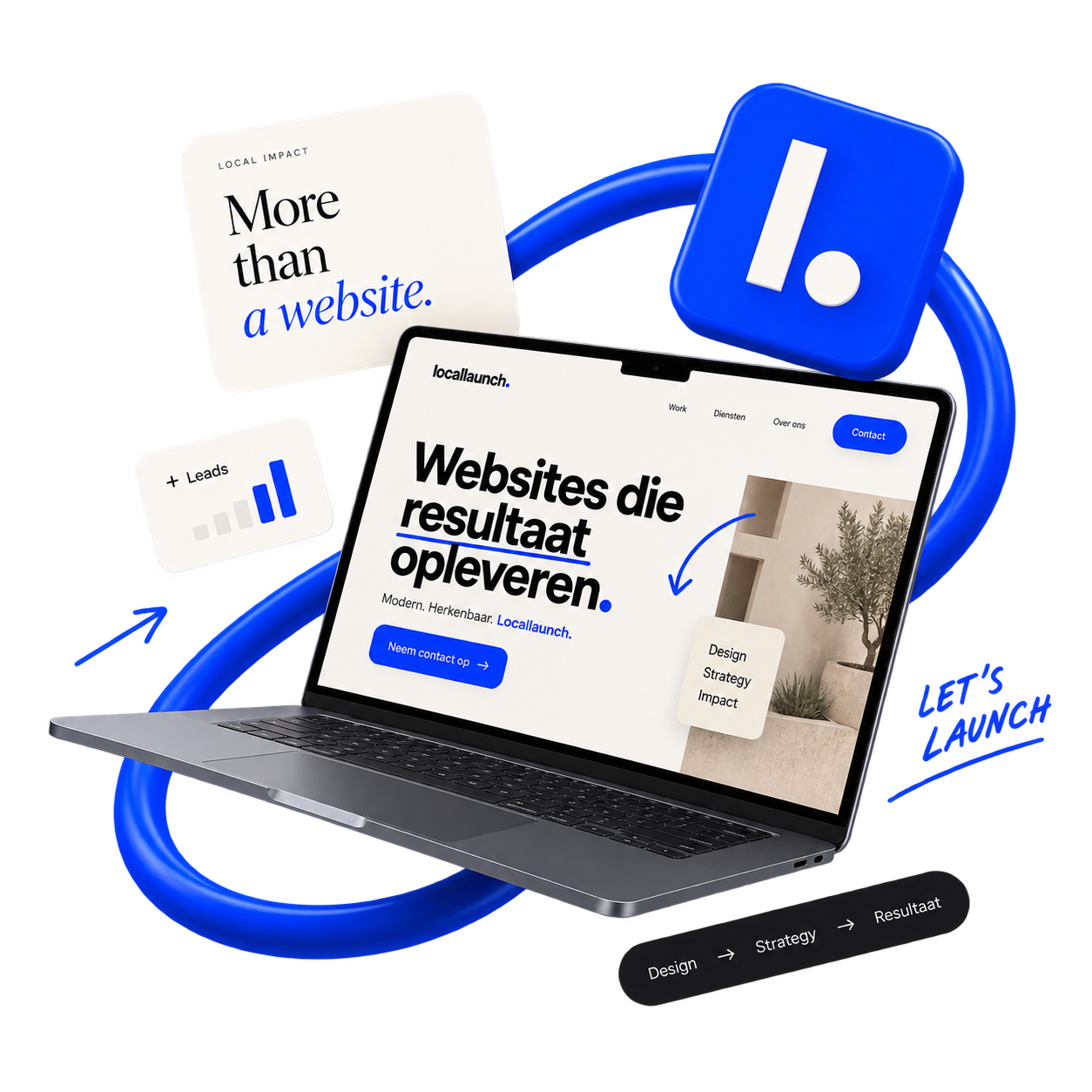 Locallaunch website-visual met laptop en creatieve elementen